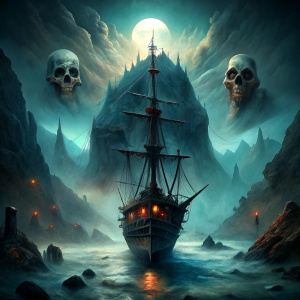 "Design a horror movie poster for 'The Cursed Voyage'. Feature a ghostly pirate ship emerging from dense fog in a desaturated, eerie color palette. Include ghostly apparitions on the deck, with dramatic moonlight highlighting the scene. The title 'The Cursed Voyage' appears in sinister typography at the top, with a foreboding tagline 'The Sea Holds Its Secrets in the Depths of the Fog' below it. Apply textures to give the poster an aged, weathered look, and incorporate mystical symbols on the sh