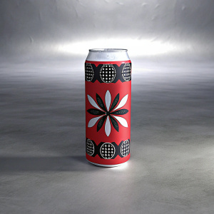 La Virgen Madrid Lager beer can, vibrant red design with black and white details. Sitting on plain gray surface, high definition image.