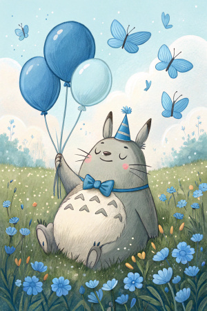 Sleeping Totoro in a field in the spring holding 3  blue balloons wearing a blue bow tie and a party hat, surrounded by blue flowers and blue butterflies and blue birds