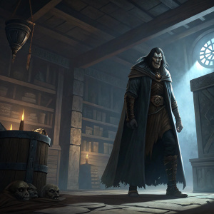 Unalaq, the dark spirit from The Legend of Korra, standing in a dimly lit room. Surrounded by ominous shadows and ancient artifacts. The character is depicted with a stern, almost menacing look on his face.
