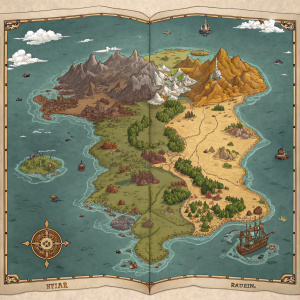 Detailed map of Runeterra, the mythical world from League of Legends. Featuring diverse landscapes, landmarks, and rich textures. Open layout showcasing geography and vibrant hues of brown, beige, and green.