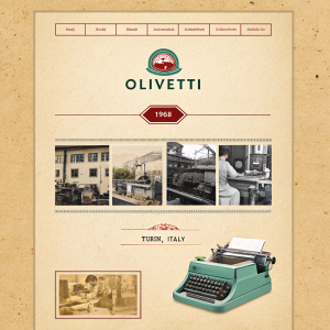 Vintage webpage showcasing Olivetti's journey. Starting from 1968 as a typewriter manufacturer in Turin, Italy. Warm, nostalgic feel with a central logo. Beige, textured background.