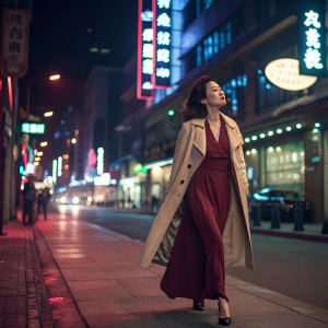 Shu Qi, elegant in a long maroon dress and beige jacket, walking down a busy street at night. Neon signs and city lights illuminate the scene.
