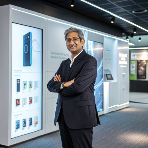 Raju Pullan, Samsung India executive, stands confidently in front of a futuristic, digital display showcasing Samsung Galaxy products.