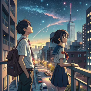 Digital artwork featuring Taki and Mitsuha on a bustling city rooftop, gazing at the skyline in the anime 'Your Name'.