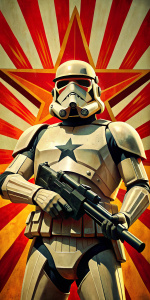 A Stormtrooper featured in a Soviet Union propaganda recruitment poster| Bold colors and striking design elements| Star integrated| (Stormtrooper:1.3) proudly standing tall in full armor| Inspirational slogans| promoting unity and strength| Retro style| iconic imagery| powerful message| visually compelling| thought-provoking| (4k)| (8k)