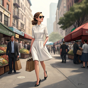 Emma Watson, stylishly dressed in a casual white dress, sunglasses and black heels, walking down a busy city street. A crowded market scene in the background with various vendors and shoppers