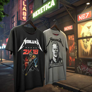 Two NBA 2K18 Metallica t-shirts displayed in a trendy downtown storefront window. Neon signs and graffiti-covered walls in the background.