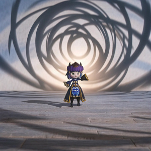 Misa'saki Oshido, a youthful heroine, with fierce determination. Wearing a vibrant fantasy outfit. Dark and bright colors, mainly black, gold, and blue. Against a backdrop of swirling shadows and a solid blue background.