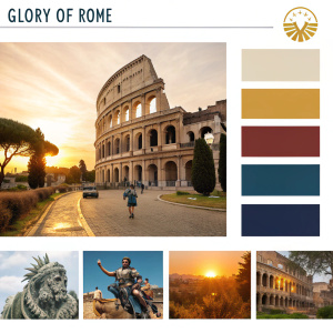 Visual identity guide for Glory of Rome. Includes branding assets like logo, color palette, typography examples. Creative design solutions in multiple formats and media. Dynamic presentation of the brand's aesthetic across various applications and platforms.