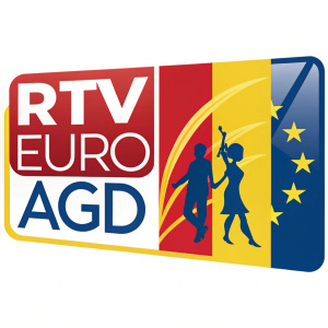 A logo for RTV EURO AGD featuring red, yellow, and blue colors. The design includes a bold yellow rectangle that highlights the Euro section. The overall style is straightforward for easy recognition and features vibrant colors with strong contrast.