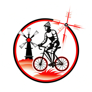 don quijote de la mancha, con armadura, montando una bicicleta. en el fondo un molino de viento, rodeado por un circulo