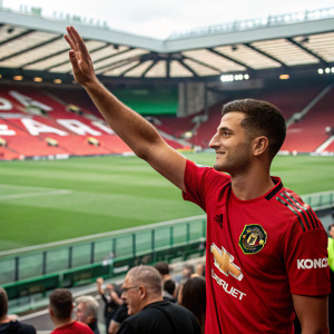 Diogo Dalot, wearing a Manchester United jersey, giving a casual wave. Stadium background, green field and fans