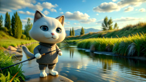 A cartoon cat with a fishing rod on the riverbank is fishing