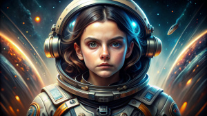 Dafne Keen in a space suit| character portrait| space art| retro-futuristic armor| high detailed official artwork| her hair is the milky way| fantastic screenshot art| hyperrealism| dynamic lighting