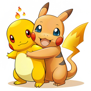 Pikachu hugging charmander 