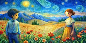 fondo de flores y sabana niños de fondo jugando estilo van gogh