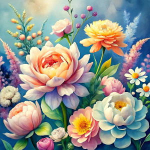 watercolor image ,Pink white Peonies Snowdrops, lobelia, canna,salvia , carnation, Common Crape Myrtle., Ranunculus viburnum, wax flower, dandelion, geranium , watercolor , watercolor , artichoke ,aster,pansy,poppy ,lavender,anemone ,oleander , succulent