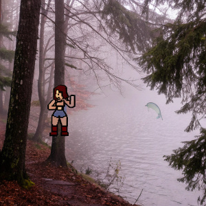 A colorful, pixel-art inspired image featuring Tifa Lockhart. She's depicted in a fierce battle stance, with a playful dolphin in the background.