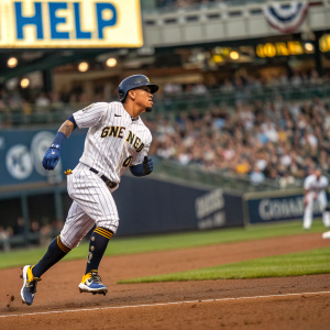 Kolten Wong, Hispanic baseball player, wearing Milwaukee Brewers jersey, sprinting on baseball field. Crowded stadium, blurred audience, large 'HELP' banner