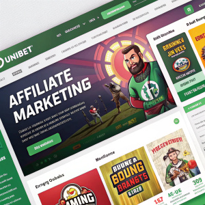 Website screenshot featuring Unibet's affiliate marketing section. Dynamic banner ads promoting gaming affiliate programs