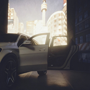 Mercedes-Benz GLA 45 AMG concept car parked in a futuristic cityscape. Sleek body, open doors, detailed interior design, and smooth reflective surface under neon lights.