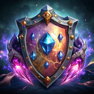 Cyberpunk shining ang glowing shield with a coat of arms of Mozambique with shimmering magic gems on the border guns