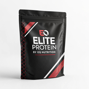 Elite Protein by EQ Nutrition - premium blend of whey protein. Black sleek packaging, red and white highlights. Modern sporty design, prominent branding and product details
