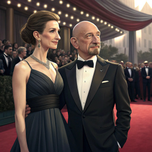 Alexandra Christmann and Sir Ben Kingsley at a gala event. Both dressed formally. Red carpet ambiance with audience in elegant attire.