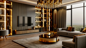4.50 long, 2.50 high, 98 inch TV unit with gold details where I can display AK47 Kalashikov with a display case for whiskey bottles on marble  column