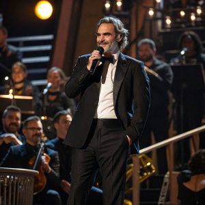 Joaquin Phoenix at the Grammy Awards, posing with a microphone. Crowded stage with spotlight