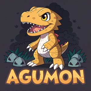 Illustration of Agumon from Digimon, fierce expression, detailed texture, warm skin tone, set against a dark background with smaller versions of Agumon. Text reads 'Agumon'. Digital art style.