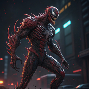Highly detailed 3D render of Carnage, a menacing character from Venom comics. Standing in an aggressive stance. Dark background with neon highlights. Digital artwork