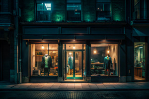 cyberpunk Clothes Shop Storefront facade sheet front view Night, Coffee Shop