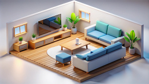 Modern living Room with wooden floor white wall background windows one big TV three sets of sofa one big table vector illustration white background