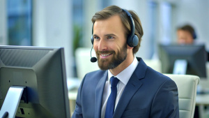 Dedicated male call center operator wearing headset working on computer in call center office.