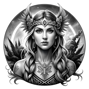 Freya - Nordic Goddess perfect realistic art, high-definition grey and black, white background tattoo design