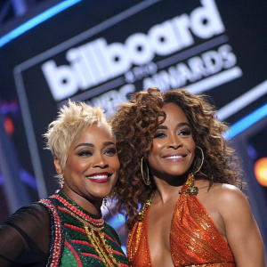 T-Boz and Chilli from TLC at the Billboard Music Awards. T-Boz flaunts her platinum blonde hair with a big smile, while Chilli's curly brown hair frames her face. Both are in stunning outfits with vibrant accessories. The backdrop is a dynamic array of lights and the official BBMA logo.