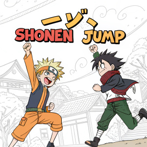 Illustration of manga characters from a Shonen Jump series. Simple, bold lines and limited color scheme. The characters are in a lively pose, interacting in the foreground. Sketch-like background. The text is in a cartoonish, bold font.