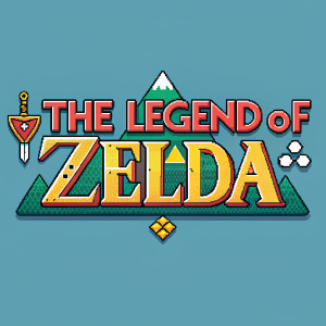 The Legend of Zelda's logo reimagined as a vibrant, colorful pixel art. Bright and playful style.