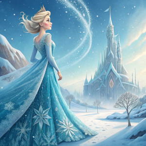 Elsa from Frozen in a fantasy snow kingdom, wearing a stunning ice-blue gown with intricate snowflake patterns.