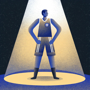 Jordan Clark, male athlete, wearing jersey with sponsor logos. Dark background with spotlight effect.