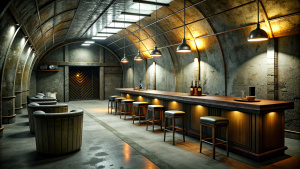 Designer interior design in the bar, dark atmosphere, slightly dirty, nuclear bunker style, no lamps