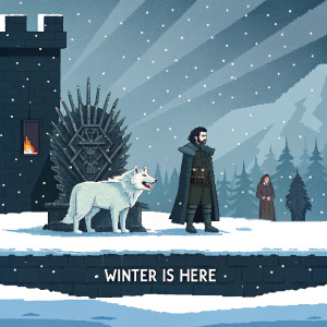 Pixel art depicting a snowy scene from Game of Thrones. Features Jon Snow and a direwolf. Includes the Iron Throne and White Walkers. Background has a winter theme with the phrase 'Winter is Here'. Dark shades with light accents.