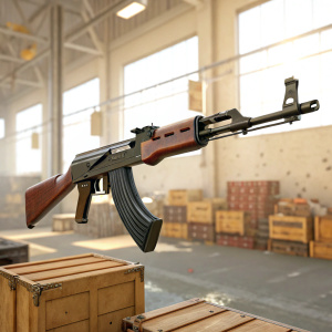 Digital 3D rendering of an AK47 assault rifle. The weapon is depicted in a dynamic pose, barrel angled and ready for action. The background is a bright, cluttered warehouse with crates and industrial equipment.