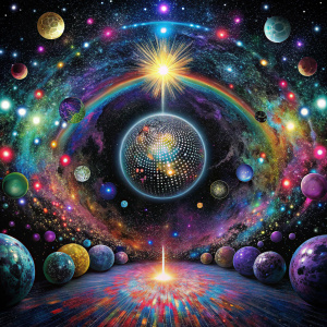 Fondo de Portada de disco psicodélico 
De fondo negro con pequeñas galaxias de colores fuertes y fósforesente, pequeños po IIIlvos de estrellas de colores fuertes y fósforesente muy alejados entre si 
En alta definición modo graffity