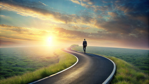 A winding road disappearing into the horizon, with a single figure walking along it, space for text









