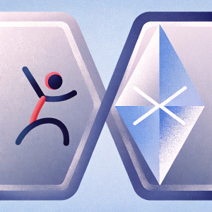 Logo for gaming brand featuring abstract iconography. Dynamic figure on left and sleek geometric shape on right.