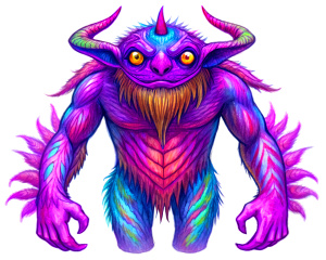 full-length purple demon, neon horns