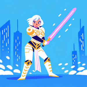 Digital artwork of a female anime character in a dramatic pose. She sports white hair and wears intricate gold and black armor. She wields a glowing red sword. The background features neon lights and futuristic cityscape.